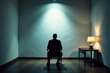 Obraz premium Tense Interrogation Room A Single Chair, Stark White Wall, and Dim Lighting Create a Suspenseful Atmosphere of Pressure and Difficult Questioning.