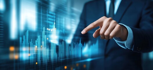 Businessman in suit interacting with futuristic digital financial graph data and bar charts hologram symbolizing investment and financial analysis