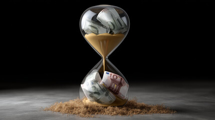 Hourglass Filled with Money Illustrates the Concept of Time Management and Financial Value with Euro and Dollar Notes Inside Sand Flowing Below