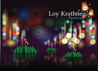 Abstract of Loy-Krathong Festival banner template background. Celebration of Thailand Culture for the worship of The Lord Buddha in The Super Fullmoon Night. Vector and illustration, eps 10.