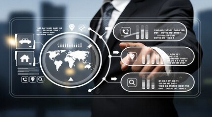 Businessman Interacting with Innovative Technology Interface Featuring Data, Maps, and Communication Icons in a Modern Urban Background