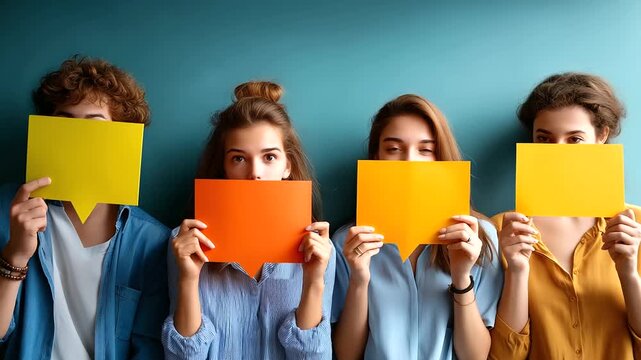 Faceless people sharing message or expressing opinion in anonymous survey, group of unrecognizable young college or university students covering faces with multicolored paper mocku