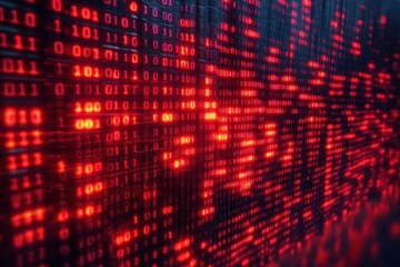 Close-up digital screen displaying glowing red binary code with a mix of zeros and ones conveying a sense of cybersecurity threat or hacking