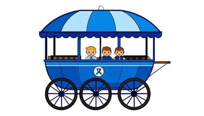 Blue covered wagon with three children