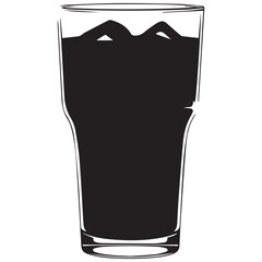 Tall glass filled with dark beverage and ice cubes