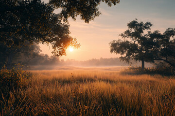 Fototapeta premium peaceful golden sunset meadow soft sunlight mist atmosphere nature photography