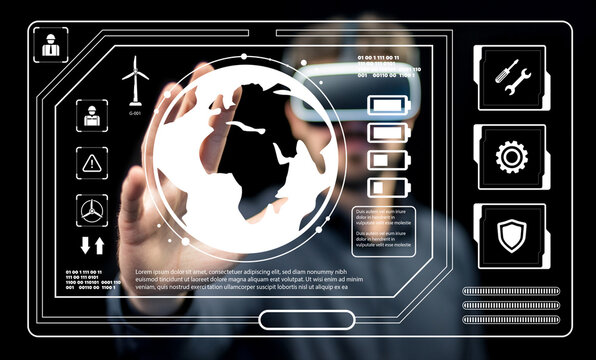 Futuristic Virtual Reality Interface with User Interaction and Global Map Overlay in a High-Tech Environment Displaying Data Analytics - Powered by Adobe