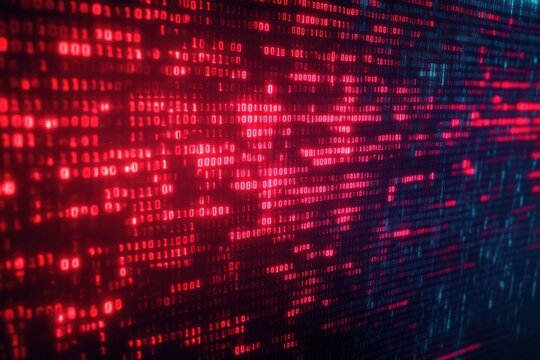 Close-up of glowing red and blue binary code on a digital screen symbolizing data flow and cybersecurity