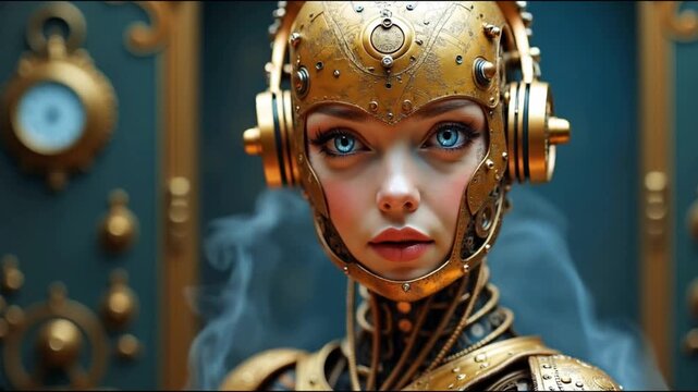 beautiful woman in ornate golden steampunk armor with intricate mechanical design details