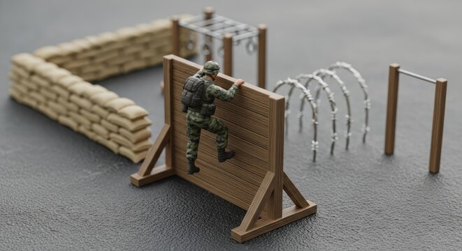 A miniature soldier climbing a wooden obstacle course with a barricade and barbed wire.