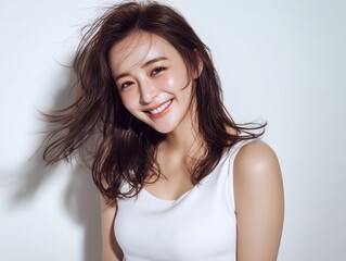 白い背景で髪をなびかせて笑顔を見せる白い服の若い女性ポートレート写真