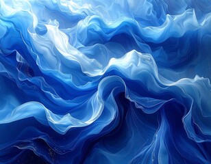Abstract illustration of flowing, translucent blue fabrics, with layers and curves