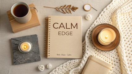 Tranquil flat lay with notebook, candle, and cup, promoting relaxation and mindfulness in a cozy indoor setting