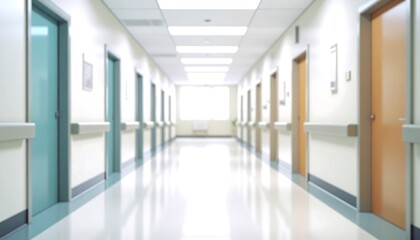 A blurry hallway in a medical facility. Light shines at the end of the corridor. Doors line both sides, and handrails run along the walls