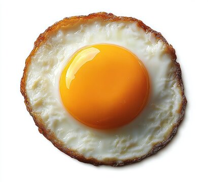close-up of a perfectly cooked sunny side up fried egg with a bright yellow yolk and crispy browned edges on a white background