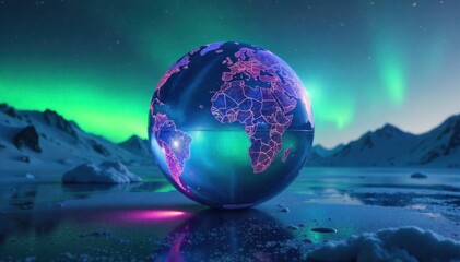 Aurora Borealis Reflected on a Globe A transparent, crystalline globe floating in darkness, its surface shimmering with a vibrant, reflected aurora borealis in hues of green, purple, and blue.