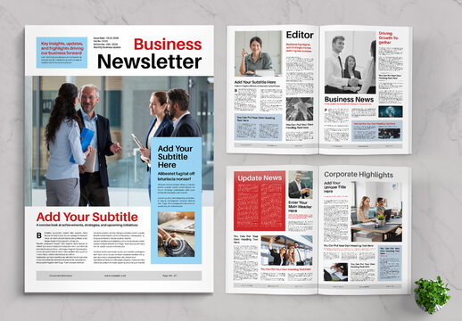 Corporate Newsletter Layout With Red And Sky Blue Accents