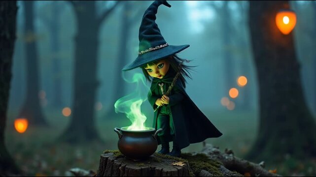 cute little witch casting spell over glowing cauldron in misty enchanted forest