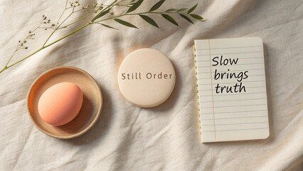 Calm Still Life Composition with Egg, Natural Elements, Inspirational Message on Notebook and Soft Fabric Background
