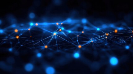 Abstract digital network of glowing blue and orange nodes connected by thin lines on a dark background, representing data flow and connectivity