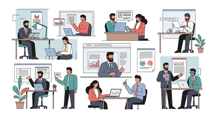 Obraz premium Diverse office scenes depicting professionals collaborating, analyzing data, and working on computers.