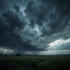 A vast sky filled with heavy, dark rain-bearing cumulonimbus clouds gathering over a rural landscape; dramatic low light, dense textured cloud layers, visible rain shafts in the distance, wind bending