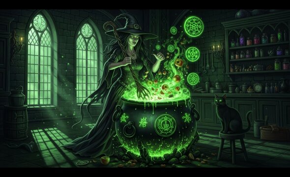 Mysterious Witch Brews Glowing Green Potion in Gothic Enchanted Lair