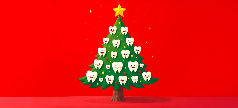 A cartoon Christmas tree decorated with smiling baby teeth on a rich red plain background. Concept for dentistry, pediatric dentistry and dental hygiene. Panoramic advertising banner with copy space