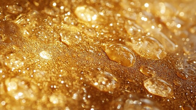 Water droplets creating ripples on a golden surface.