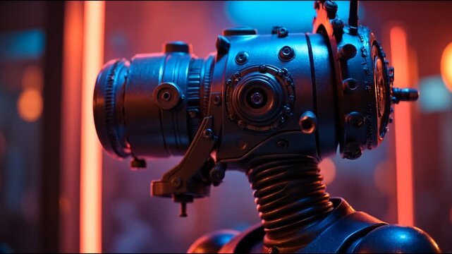 futuristic steampunk robot with mechanical lens head illuminated by blue and orange lights