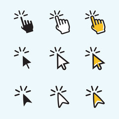 Computer mouse cursor clicks arrow hand icon set black, yellow and white.