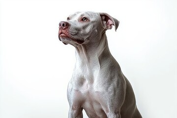Portrait of an alert white and gray short-haired dog looking upward against a plain white background