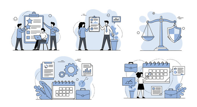 A collection of business and legal concept illustrations including quality control, document management, justice, process management, and strategic planning.