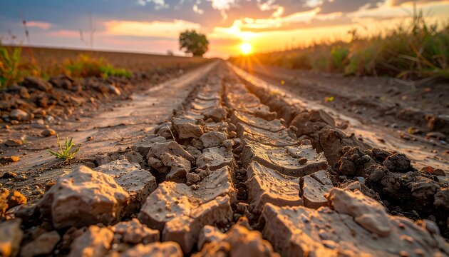 Muddy road and sunset over fields and tree, leading into distance