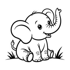 Cute baby elephant sitting in grass with trunk raised