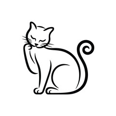 Elegant line art of a cat cleaning itself with a curly tail