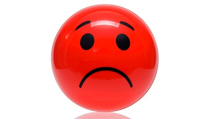 A close-up shot of a glossy red sphere with a sad face painted on it, centered against a white background