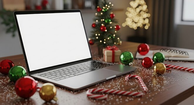 A laptop with a blank screen sits on a wooden desk adorned with christmas ornaments, a small tree, and candy canes, ready for holiday work