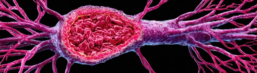 Obraz premium Atherosclerosis blocked blood vessel by plaque concept. Close-up view of a colorful cell showcasing intricate details.
