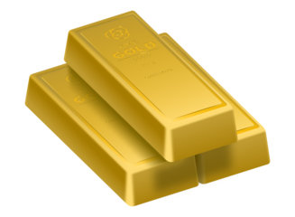 Stack of three gold-bars arranged in a tiered pyramid formation. Investment and wealth concepts, isolated on transparent, close up.