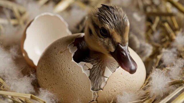 Baby duckling emerging from its shell, symbolizing the beginning of new life