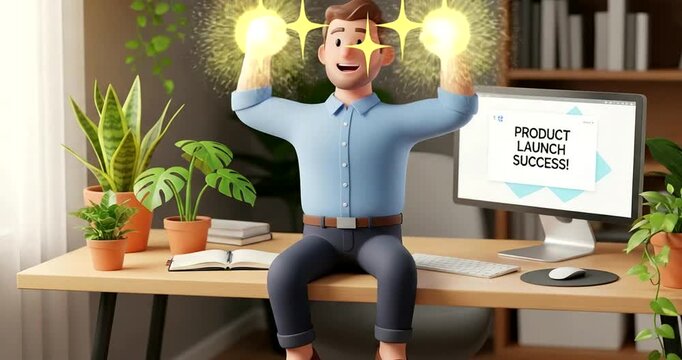Excited cartoon man celebrating product launch success at his desk