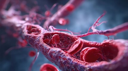 Atherosclerosis blocked blood vessel by plaque concept. Close-up of blood vessels and red blood cells in human body.
