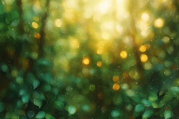 Obraz premium Soft focus green leaves with warm golden sunlight and bokeh effect creating a peaceful and dreamy forest atmosphere