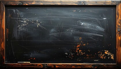 A close-up shot of a well-worn chalkboard inside a rustic, wooden frame. There are chalk marks and smears on its surface
