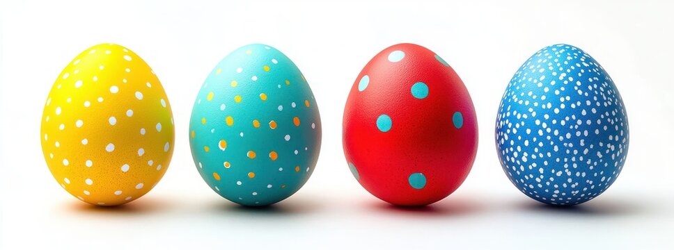 Four colorful Easter eggs with polka dot patterns in yellow, teal, red, and blue colors lined up on a white background evoking festive and cheerful emotion