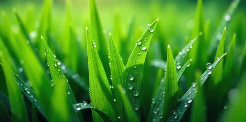 Dew drops on lush green grass, intricate water droplets sparkling in early morning light. Extreme close up macro shot of lush, vibrant green grass blades adorned with numerous perfectly spherical dew