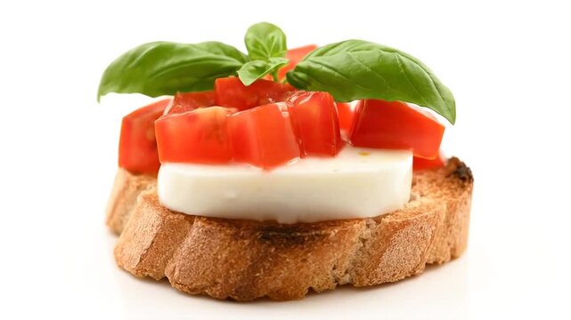 Delicious Bruschetta Appetizer with Tomatoes Mozzarella and Basil on White.