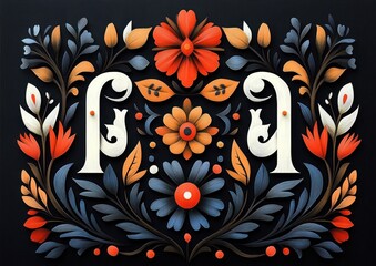Fototapeta premium Symmetrical decorative floral arrangement with stylized orange, blue, and cream flowers and leaves on a dark background, featuring two ornamental scroll shapes.