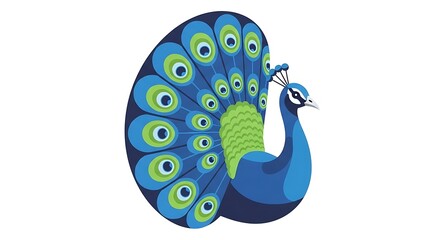 Elegant peacock displaying vibrant feathers against a white background.